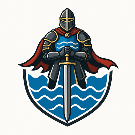 A shield crest showing an armoured knight holding a sword, over blue waves, representing Reeve